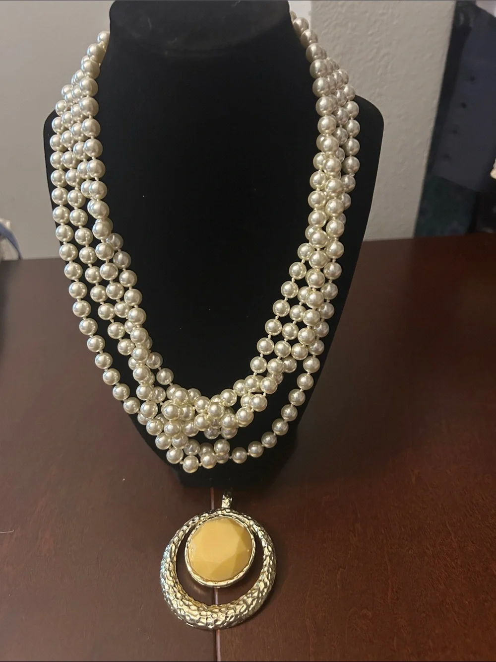 Premier Designs Long Pearl Necklace & Hammered Yellow Pendant Bundle